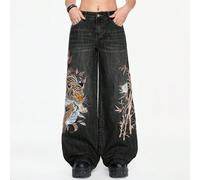 Jeans unisexes vintage style de rue, avec broderie chinoise de tigre et de fleurs, coupe ample et jambes larges, taille basse L,M,S,XL,XS,XXSAnimal,PlantesJean