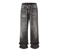 Jeans Vintage avec Perles Brillantes pour Hommes en Strass lâches épissage Complet de Strass Pantalons Hip hop surdimensionnés Style de Rue Pantalons Larges et Amples Streetwear (Noir,TTG)