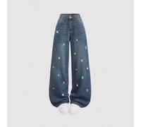 Jeans vintage délavé à taille haute avec strass, coupe droite ample, pour adolescentes. Convient pour les sorties quotidiennes, les voyages, l'extérieur, la maison, les brunchs, les thés, les trajets,