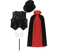 JEATHA 5Pcs Outfit Unisexe Enfant Déguisement Magicien Garçon Fille Jeu de rôle Costume Mage Halloween Carnaval Tenues Raves Chorale Danse Jazz École Performance Scène Noir 9-10 Ans