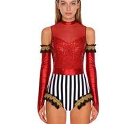 JEATHA Adulte Circus Cirque Ringmaster Costume Costume Cirque Ringmaster Femme Léotard Sans Manches Avec Gants Batteur Gothique Steampunk Club Rouge M
