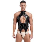JEATHA Bodysuit Homme Sexy Cuir Verni Wetlook Combinaison Ouvert Entrejambe Catsuit Costume Pole Danse Gay Clubwear Noir XL