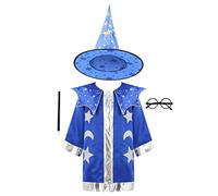 JEATHA Costume d'halloween pour Enfant 4 Pièces Déguisement du Magiciende Sorcière Unisex Costume Cape Etoile + Chapeau + Baguette + Lunettes Cosplay Fête du Festival Bleu 2-3 Ans