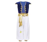 JEATHA Costume Prince Arabe Enfant Garçon Déguisement Cheik Orientale Vêtements Tops + Pantalon Tenue Halloween Carnaval Cosplay 3-16 Ans Bleu Royal 8-10 ans