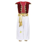 JEATHA Costume Prince Arabe Enfant Garçon Déguisement Cheik Orientale Vêtements Tops + Pantalon Tenue Halloween Carnaval Cosplay 3-16 Ans Rouge 5-6 ans