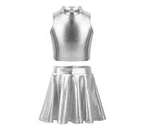 JEATHA Dancewear Enfant Fille Ados Ensemble Danse Classique Haut Débardeur à Col Roulé Métallisé + Mini Jupe Plissée Costume Danse Ballet Jazz Robe Carnaval 8-14 Ans Argenté 8 Ans