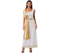 JEATHA Déguisement Romaine Grecque Antique Femme Robe Costume Déesse Grecque Romaine Sans Manche Or Blanc M