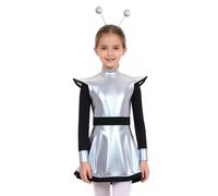 JEATHA Enfant Fille Costume Alien Astronaute Métallique Brillant Robe Cosplay Space Girl Carnaval Halloween Argenté 5-6 ans