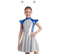 JEATHA Enfant Fille Costume Alien Carnaval Métallique Robe Déguisement Astronaute Espace Halloween Rave Party Cosplay Bleu 5-6 ans