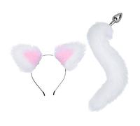 JEATHA Femme Homme Plug Anal Queue de Renard Fausse Fourrure Animal Métal avec Serre-Tête Oreilles de Renard Chat Adulte Jouets Sexuel Cosplay Costume Saint-valentin Club Blanc&Rose Taille Unique