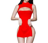 JEATHA Femme Sexy Lingerie Ensemble Bodycon Robe Ouverte Robe sans Manches Sein Nu Mini Robe Elastique sous vêtement De Nuit Nuisette Nightwear Rouge Taille Unique