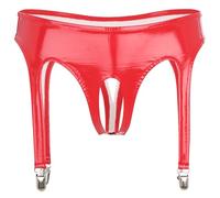 JEATHA Femme String Porte-Jarretelle Taille Basse Culotte Cuir Verni Ouvert Entrejambe Tanga Wetlook sous Vêtement S-4XL Rouge L