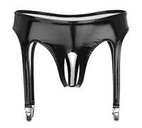 JEATHA Femme String Porte-Jarretelle Taille Basse Culotte Cuir Verni Ouvert Entrejambe Tanga Wetlook sous Vêtement S-4XL Noir L