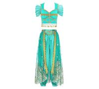 JEATHA Femme Vêtements Déguisement Princesse Arabe Tenue Danse Du Ventre Orientale Haut Et Pantalon Costume Spectacle Halloween B Bleu Paon XL
