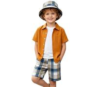 JEATHA Garçon Chemise Manches Courtes Avec Short Carreaux Et Ensembles Chapeaux Tenue Trois Pièces Pour Garçons Tenue Vacances La Plage Été Gingembre 3-4 ans