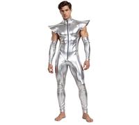 JEATHA Homme Déguisement Halloween Astronaute Espace Métallique Bodysuit | Fermeture Éclair Devant,Ensemble Manches Amovibles,Longues,Croisière,Disco,Mascarade,Carnaval,Anniversaire,Spectacle
