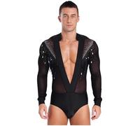 JEATHA Homme Justaucorps De Danse Gymnastique Maillot De Corps Bodysuit Strass Body Chemise Tenue Soirée Danse Latine Tango Bal Noir S