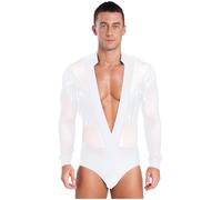 JEATHA Homme Justaucorps De Danse Gymnastique Maillot De Corps Bodysuit Strass Body Chemise Tenue Soirée Danse Latine Tango Bal Blanc M