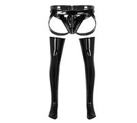 JEATHA Homme Lingerie Ensemble sous-vêtements String Slip Creux Ouverte Fesse Zip + Bas Collants Haute Chaussettes Longue Cuir Verni Déguisement Sissy Tenue Halloween Noir L