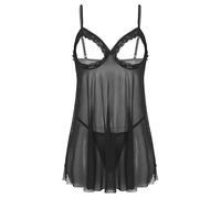 JEATHA Lingerie Femme Sexy Robe De Chambre Transparente Chemise De Nuit Ouvert avec String Nuisette Erotique Noir 4XL