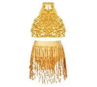 JEATHA Robe De Danse Latine Charleston Enfant Fille Ensemble De Danse Haut Et Jupe Franges Paillettes Tenue Soirée Bal Compétition Spectacle Dancewear Or A 11-12 Ans