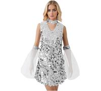 JEATHA Robe De Soirée Disco Party Femme Paillettes Robe Déguisement Disco 70s Costume Carnaval Halloween Festival Spectacle S-XXL Argenté L