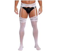 JEATHA Sissy Lingerie Homme Dentelle Collant Sexy Transparent Collant Bas Porte Jarretelle Stocking Pantyhose Blanc A Taille Unique