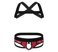JEATHA sous-vêtements Sexy Homme Jockstrap sans Entrejambe Ouvert Body Ceinture Elastique Slip + Harnais Epaule M-XXL Rouge XXL