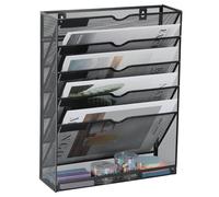 JEBELE 6 Compartiments Porte Revue Range Dossiers Organisateur de Courrier Mural Banette avec Étiquettes Plateaux Plats Maille A4 Métallique Idéal Bureau Classe, Noir