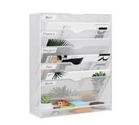 JEBELE 6 Compartiments Porte Revue Range Dossiers Organisateur de Courrier Mural Banette avec Étiquettes Plateaux Plats Maille A4 Métallique Idéal Bureau Classe, Blanc