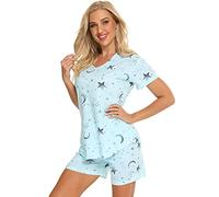 Jecarden Pyjama d'été, court, pour femme, en coton, deux pièces, pantalon avec cordon de serrage, col en V, manches courtes, vêtements de nuit, d’intérieur, bleu clair, XXL