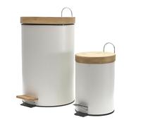 JECHERCHE UNE IDÉE - ME0029 Lot de 2 Poubelles à Pédale 3L - Métal et Bambou Blanc - Tri Sélectif Facile - Entretien Simple - Design Élégant et Polyvalent