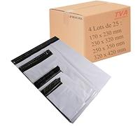 Jeco - Assortiment de 100 enveloppes plastiques d'expédition opaques 4 tailles différentes. Pochettes d'expédition 50 microns, légères, solides, inviolables et imperméables, blanc