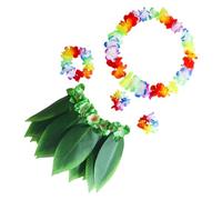JECOMPRIS Ensemble de Costume Hawaïen 5 Pièces Jupe Hula Feuilles Réalistes Tissu Extensible Confortable pour Fête Hawaïenne Adulte et Garçon et Filles avec Bracelets Collier Bandeau