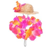 JECOMPRIS Ensemble Été pour Animaux de Compagnie - Chapeau de Paille Léger et Guirlande Rouge - Taille Adaptée Petits Chiens et Chats - Vêtements de Fête Hawaïenne pour Photo et Plage,