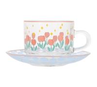 JECOMPRIS Ensemble Tasse et Soucoupe en Verre 180ml Motif Tulipe, Bleu Géométrique, Verre Résistant, Service à Thé pour Maison et Bureau, Tasse à Café Multi-usage, Pause Thé Après-midi