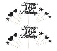 JECOMPRIS Lot de 10 set de Décorations de Gâteau Noir Pailleté «16 » avec Chiffres Pics à Cupcakes D’Étoile et Cœur pour Anniversaire Adolescent Décoration Festive pour Fête de 16