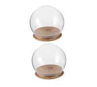 JECOMPRIS Lot de 2 Cloches Sphériques en Verre Transparent avec Base en Bois Bambou 12 Cm, Dôme D'exposition Anti-poussière pour Fleurs Éternelles, Créations DIY et Décoration Intérieure