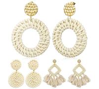 JECOMPRIS Lot de 3 Paires de Boucles D'oreilles Tressées en Rotin Naturel, Boucles D'oreilles Pendantes Bohèmes Légères pour Femmes et Filles, Accessoires D'été Élégants et Confortables,