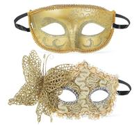 JECOMPRIS Masques Vénitiens Style Vintage Élégant Réutilisables et Résistants 2 Pièces en Plastique Or pour Couple pour Bal Masqué et Fêtes Costumées