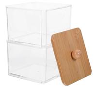 JECOMPRIS Set de 1 Contenant pour Cotons-tiges Empilable Double Couche en PS Couvercle en Bambou, Organisateur de Salle de Bain Transparent, Facile à Nettoyer pour Bureau et Coiffeuse