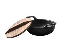 Jectse Wok en Fonte de 12,6 Pouces, Poêle à Frire à Double Poignée Non Revêtue, Couvercle en Bois Lourd pré-assaisonné pour Cuisinière à Induction, Four, Gril, Feu de Camp (32 cm / 12,6 pouces)