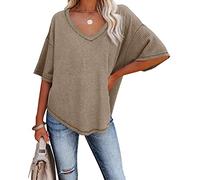 JECTZ T-shirt d'été pour femme avec col en V et manches chauve-souris, chemisier ample en tricot gaufré, couleur unie, hauts à manches courtes, col en V, manches Dolman, manches courtes, ample,