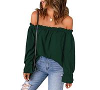 JECTZ T-shirt Tunique Décontracté Été avec Épaules Dénudées Haut à Manches Évasées Chemise en Mousseline Sexy avec Épaules Dénudées pour Femmes Haut à Épaules Découvertes pour Femmes, vert, X-Large
