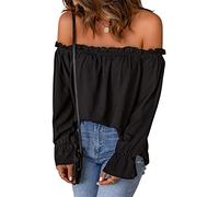 JECTZ T-shirt Tunique Décontracté Été avec Épaules Dénudées Haut à Manches Évasées Chemise en Mousseline Sexy avec Épaules Dénudées pour Femmes Haut à Épaules Découvertes pour Femmes, Noir , XXXL