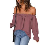 JECTZ T-shirt Tunique Décontracté Été avec Épaules Dénudées Haut à Manches Évasées Chemise en Mousseline Sexy avec Épaules Dénudées pour Femmes Haut à Épaules Découvertes pour Femmes, rose, X-Large