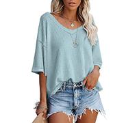JECTZ T-shirts pour femme d'Été Col en V Demi Manches Chauve-Souris Chemises en Tricot Gaufre Chemisier Lâche Couleur Unie Haut Femme Manches Courtes Col en V Manches Dolman Courtes Lâche Décontracté,