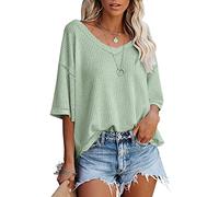 JECTZ T-shirts pour femme d'Été Col en V Demi Manches Chauve-Souris Chemises en Tricot Gaufre Chemisier Lâche Couleur Unie Haut Femme Manches Courtes Col en V Manches Dolman Courtes Lâche Décontracté,