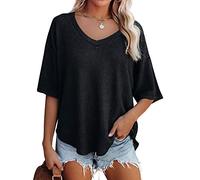 JECTZ T-shirts pour femme d'Été Col en V Demi Manches Chauve-Souris Chemises en Tricot Gaufre Chemisier Lâche Couleur Unie Haut Femme Manches Courtes Col en V Manches Dolman Courtes Lâche Décontracté,