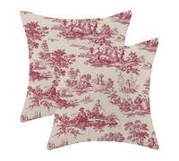 Jecuwo Toile Pillow Covers 18x18 inch Set of 2, French Style Outdoor Decorative Throw Pillowcase Vintage Pink Toile De Jouy Cushion Cover for Sofa Couch Farmhouse Living Room Bed Decor